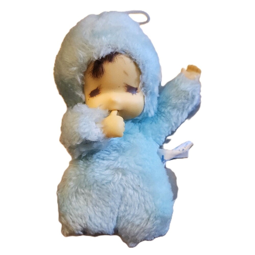 Vintage 1977 Russ Berrie BABY JOY Doll Blue Plush Rubber Face Thumbsucking 5"